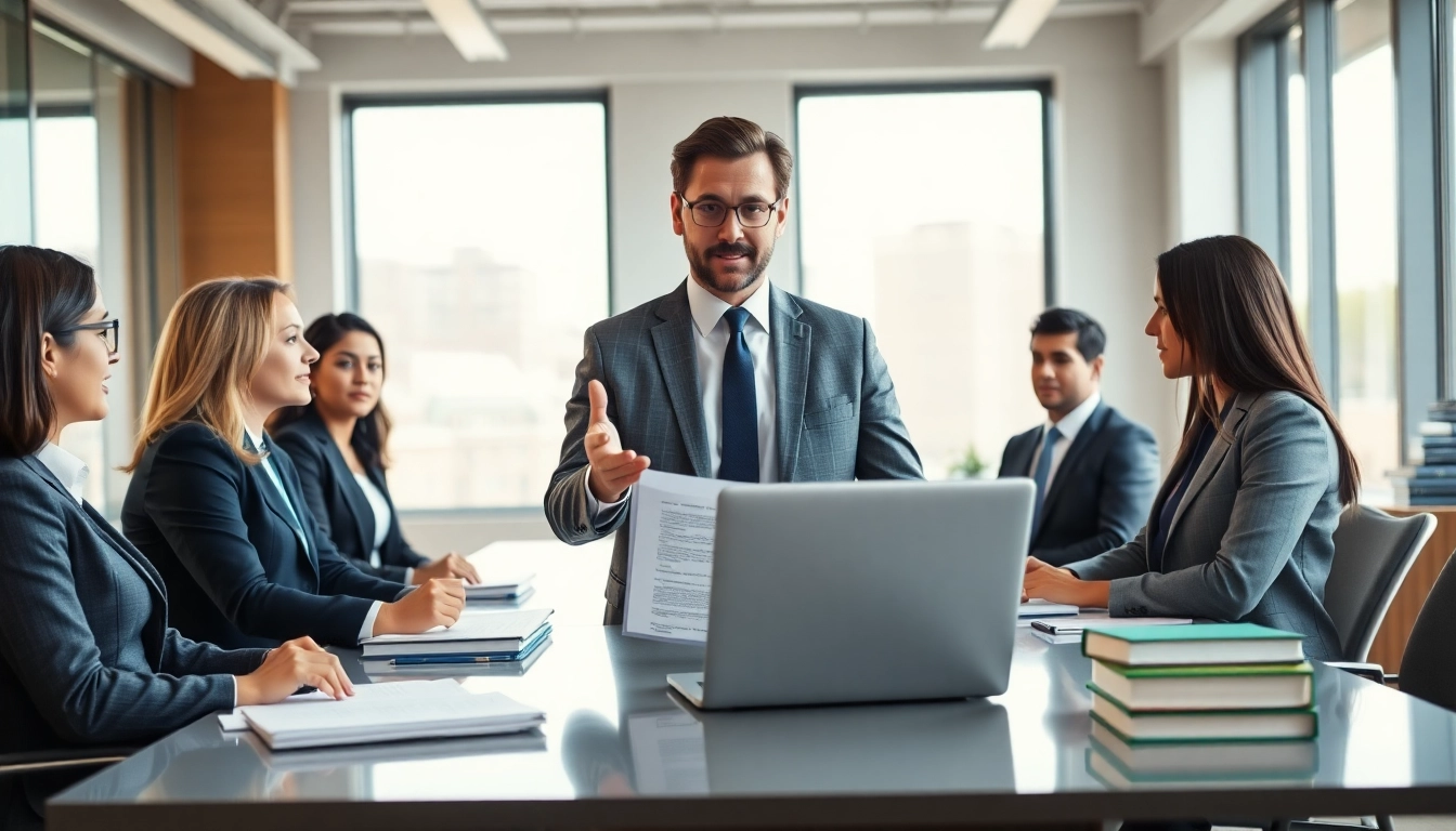 New York City injury lawyer consulting with legal team in a modern office.