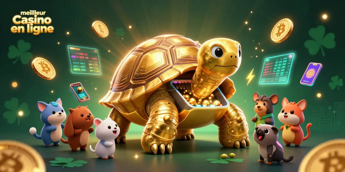 Visuel dynamique représentant le meilleur casino en ligne avec une tortue dorée, des éléments crypto et des animaux jouant.