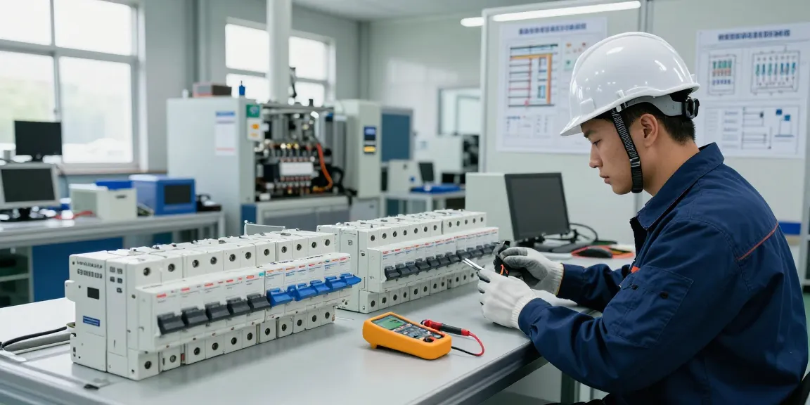 MCCB circuit breaker inspection in modern electrical components manufacturing facility.