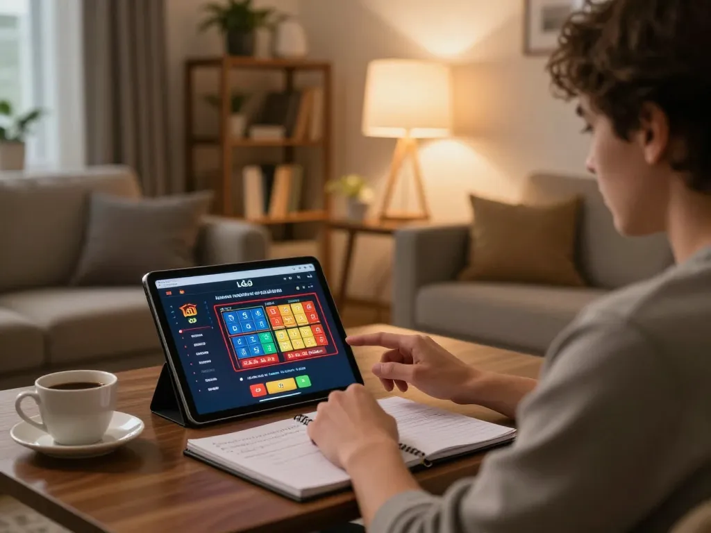 Lô đề online gaming session at home, showcasing a cozy environment with a player using a tablet.