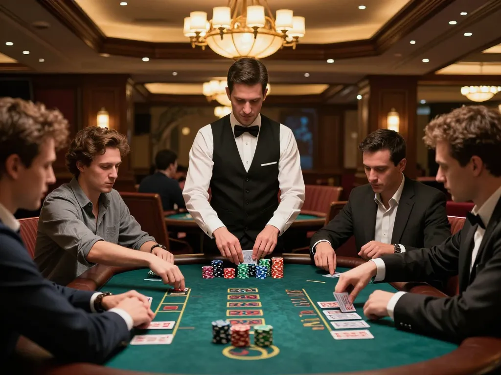 A competitive blackjack table scene with players showing strategic bets and focused expressions, highlighting giường bệnh nhân in a lively casino atmosphere.