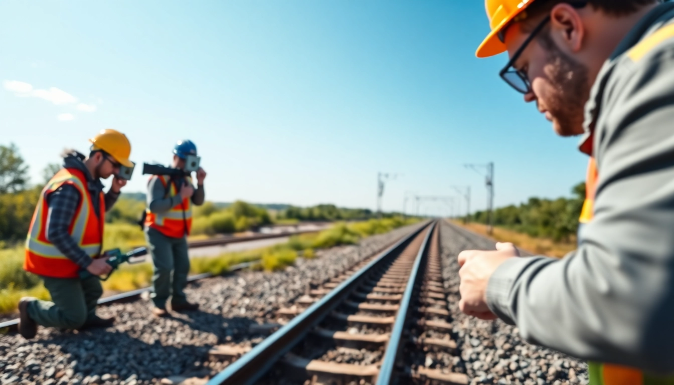 Track Inspectors Near Me evaluating railway tracks with professional tools in a scenic outdoor setting.