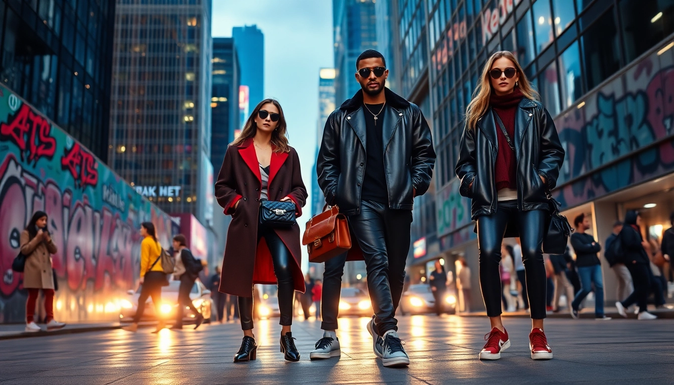 Models showcasing trendy high-end streetwear in a vibrant urban setting.