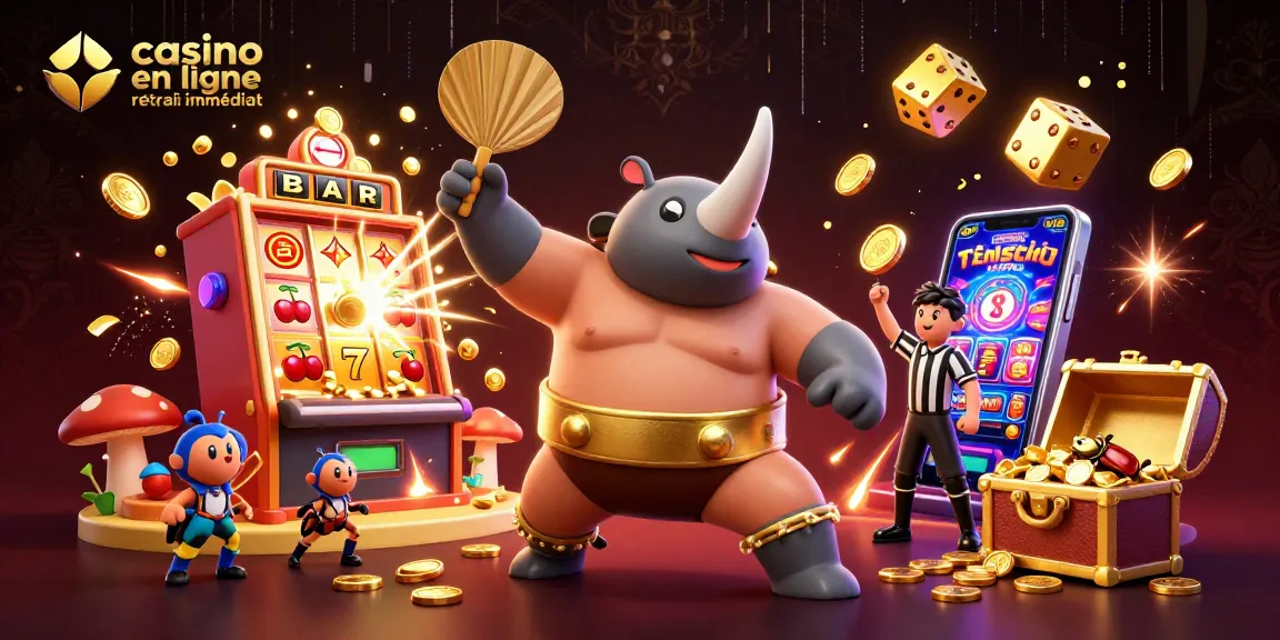 Le jeu de casino en ligne retrait immédiat gagne avec un championnat de sumo de scarabées rhinocéros entouré de machines à sous.