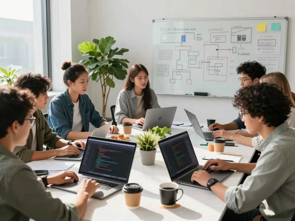 Developers engaging around workstations, collaborating on clawdbot projects, showcasing teamwork in a bright office.