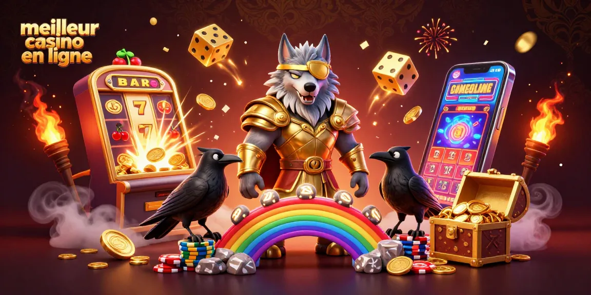 Illustration représentant le meilleur casino en ligne sur un pont arc-en-ciel de jetons avec un loup Odin et ses corbeaux.