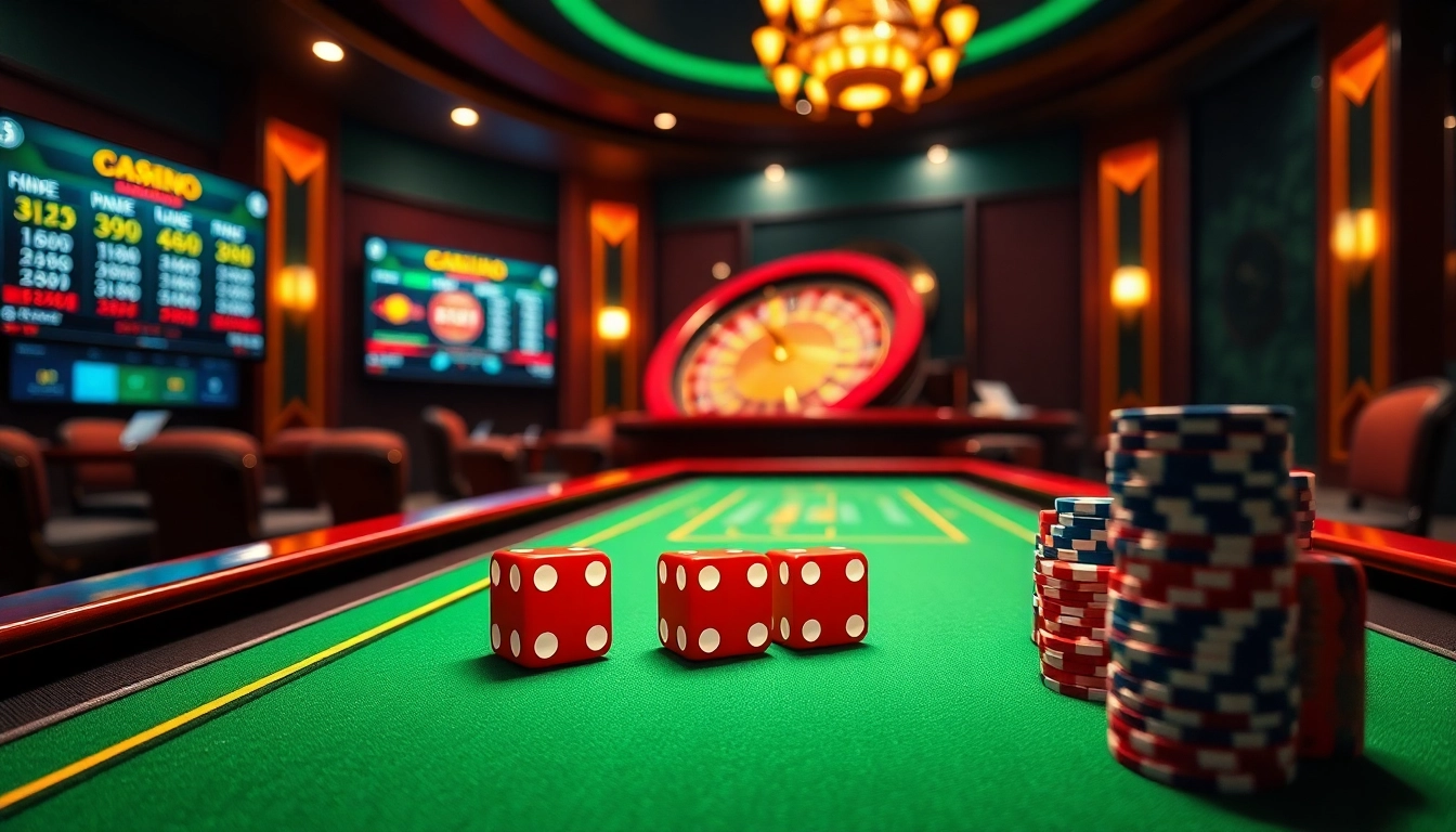 Tài xỉu md5 online game in a luxurious casino setting with colorful dice, chips, and gaming screens.
