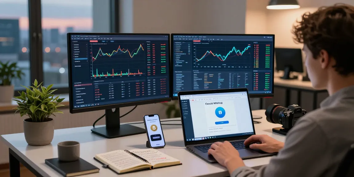 Profitable cloud mining platform displayed on cryptocurrency trading setup with Bitcoin charts, laptop, and digital wallet.