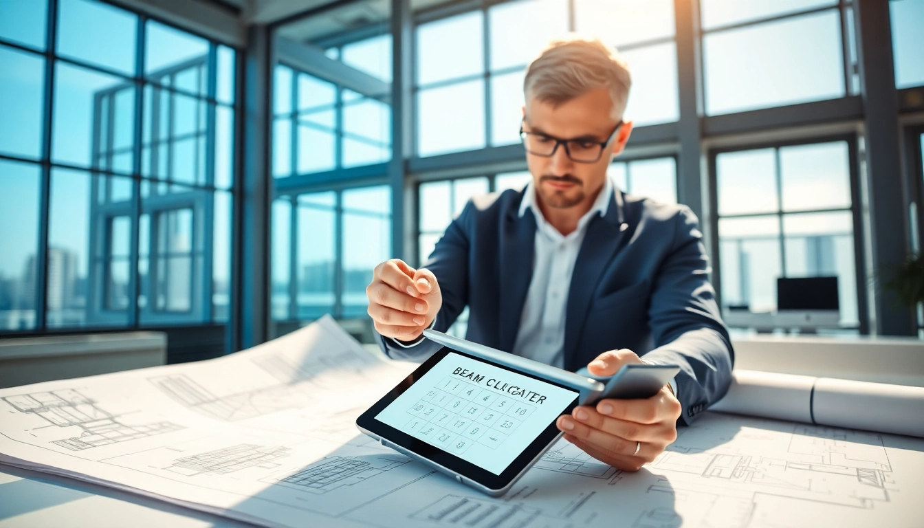 Engineer using a beam calculator on a tablet in an office, surrounded by blueprints and sketches.