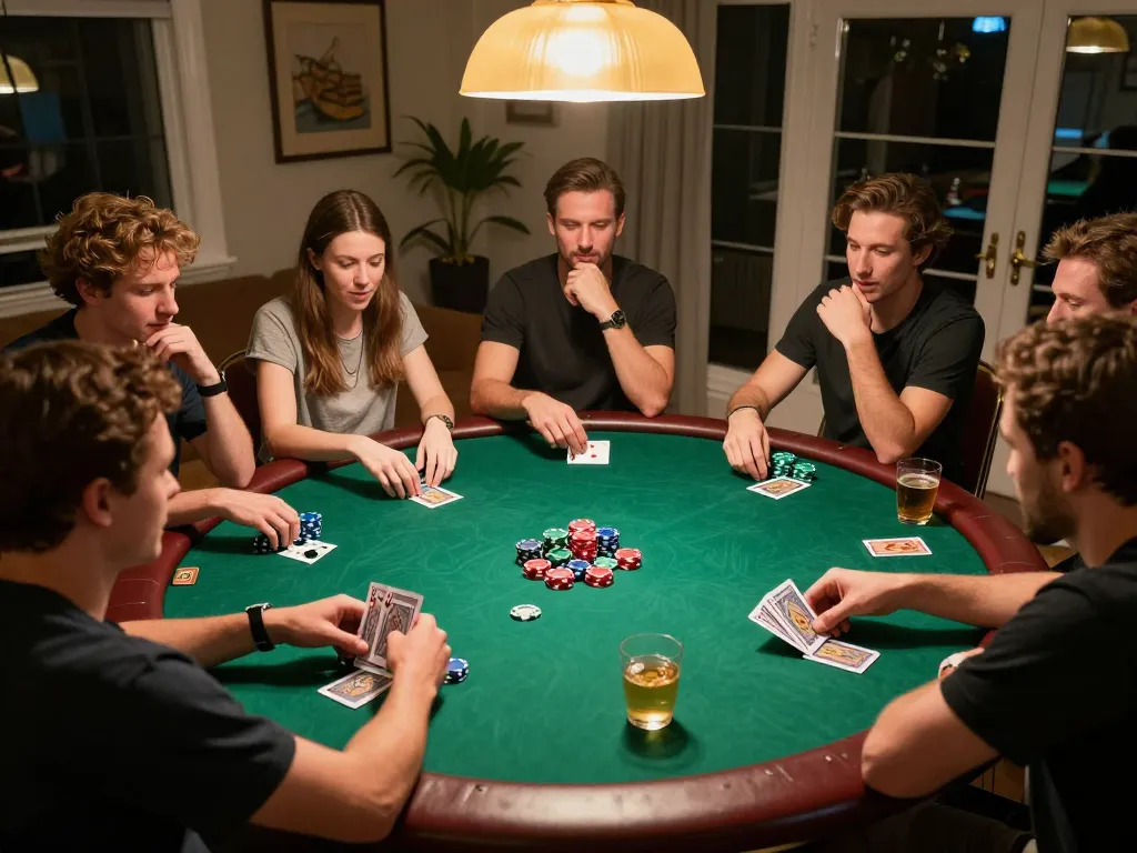 Engaging home poker night showcasing friends playing card games at cozy table, celebrating online casinos Canada experience.