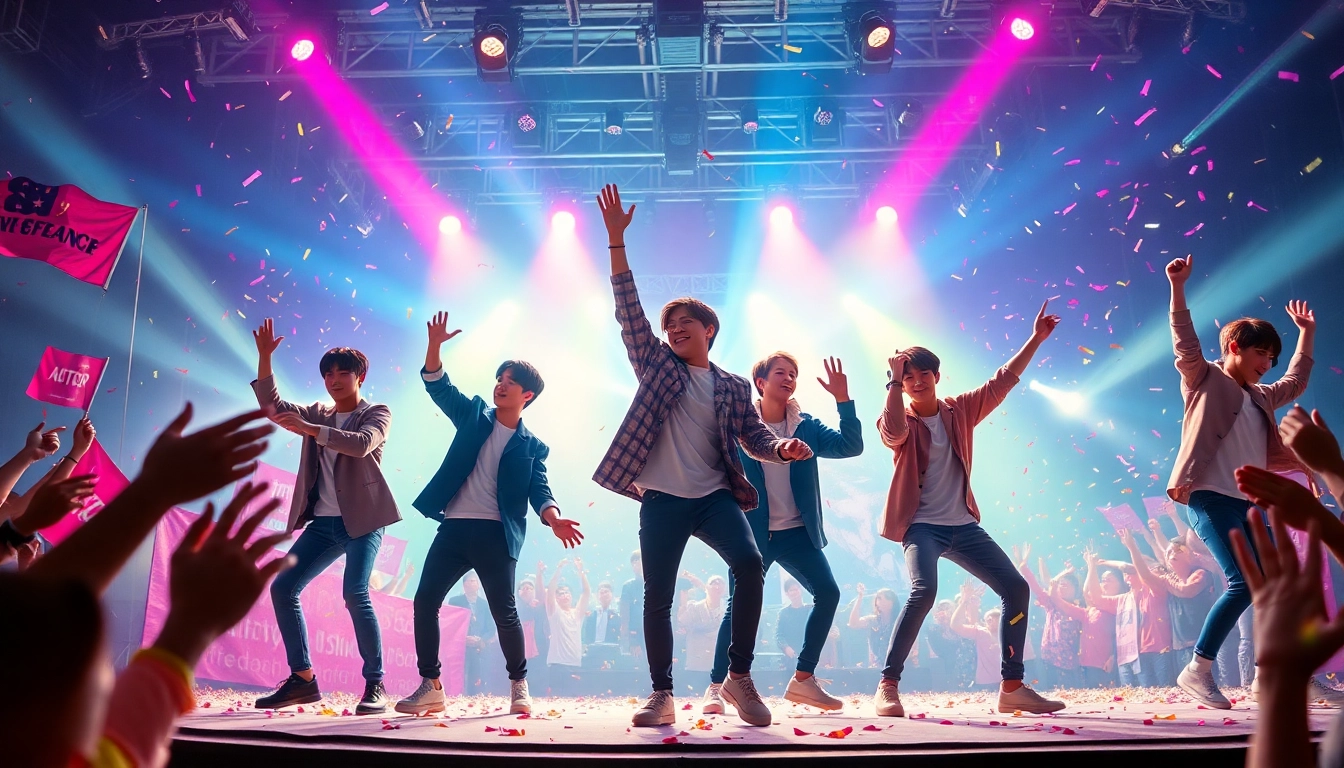 Captivating performance by bts members at a concert, showcasing their dynamic stage presence.