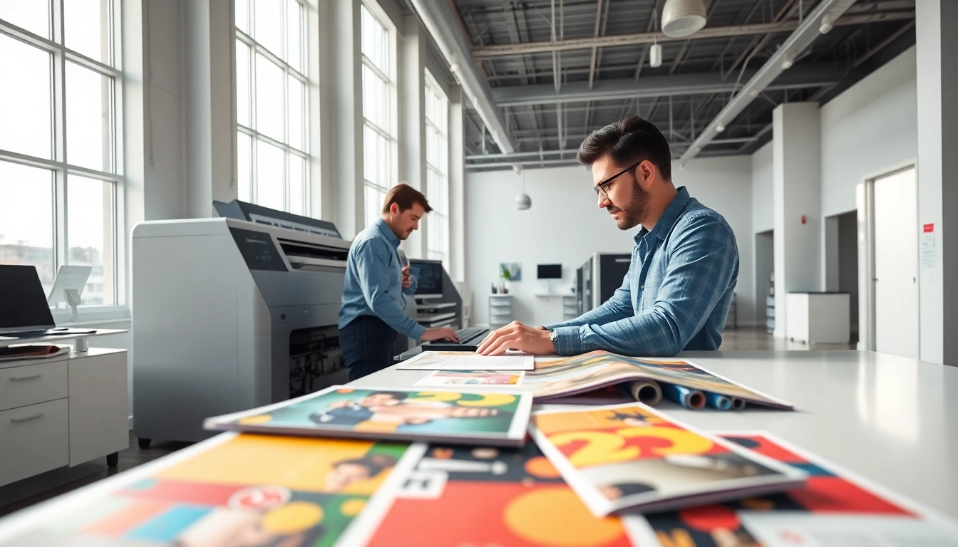 Visually stunning projects at an edmonton print shop showcasing vibrant prints and a designer in action.