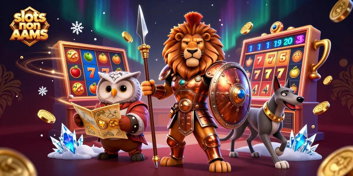 Gioca a slots non AAMS con il leone spartano e un gufo stratega in un'illustrazione dinamica.