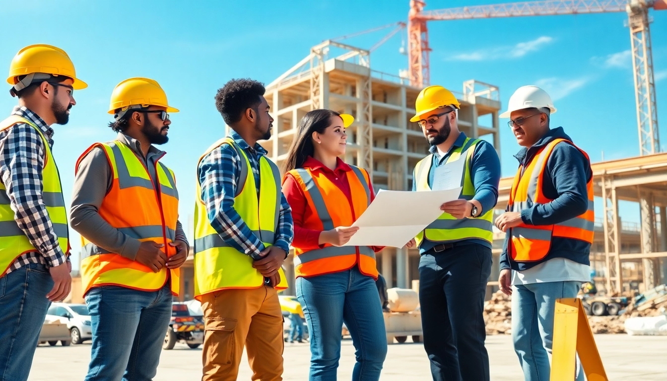 Showcasing construction workforce development with professionals collaborating on-site.