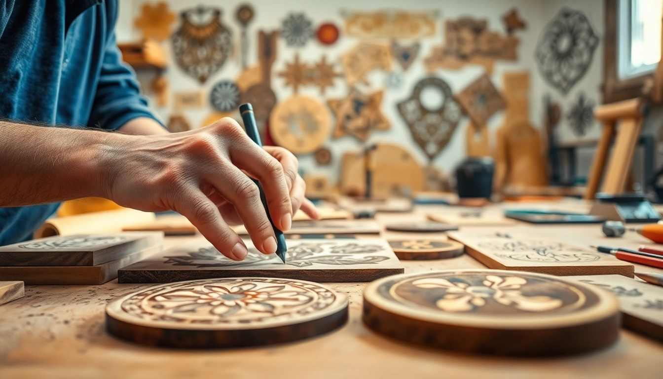 Showcase of custom laser design in action, featuring artisan engraving on wood and acrylic.