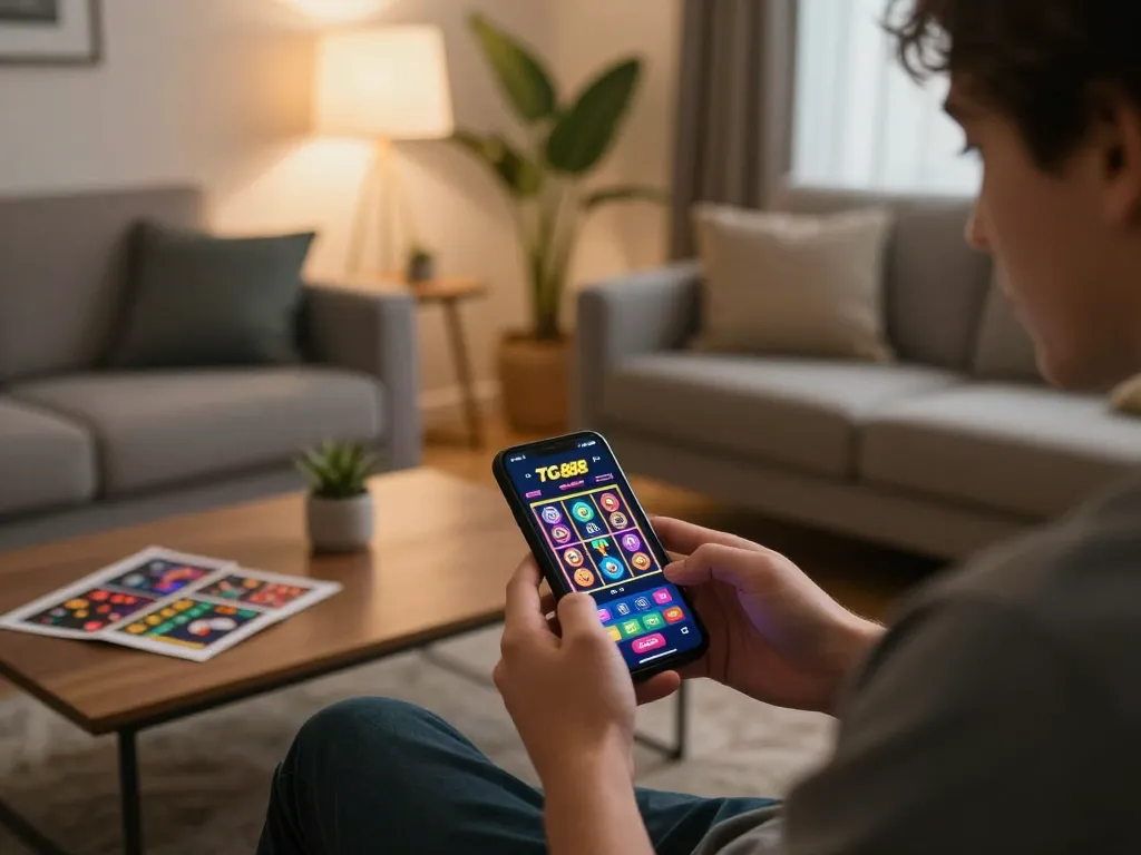 Player enjoys TG88 mobile casino game on smartphone in a cozy home setting with stylish decor.