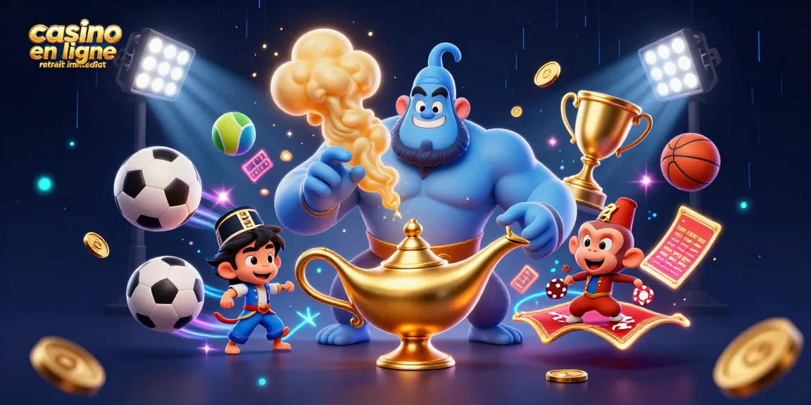 Retirez vos gains rapidement au casino en ligne retrait immédiat avec cette illustration vibrante d'un génie et d'un singe.