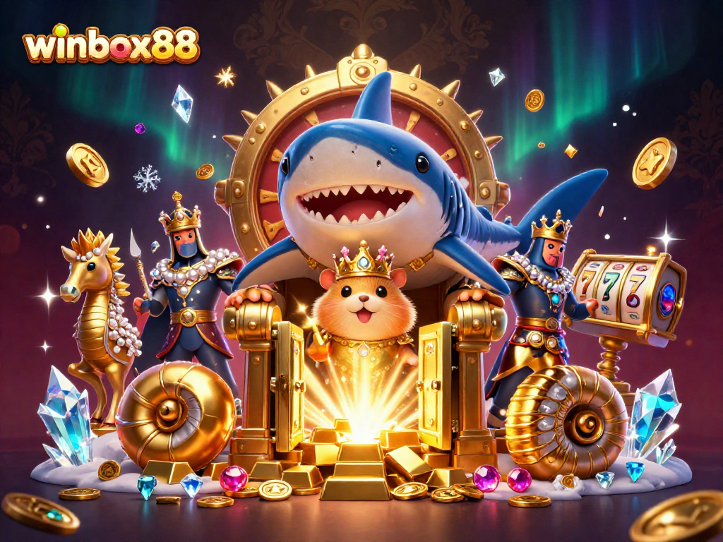 Winbox88 showcases the golden hamster king in an exciting casino adventure, surrounded by treasures and gaming elements.