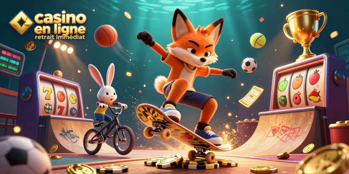 Illustration dynamique représentant le casino en ligne retrait immédiat avec un renard sur une rampe de jetons dorés et un lapin BMX.
