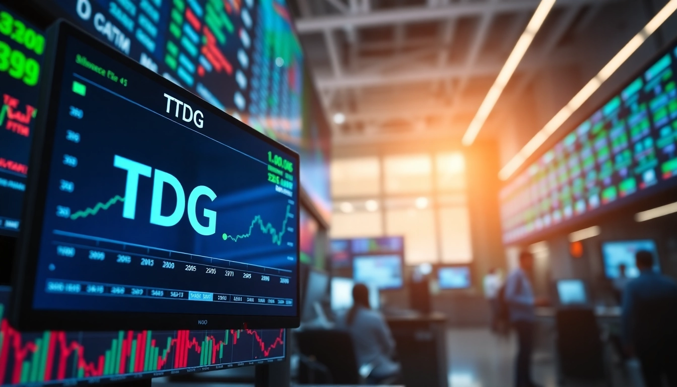 Analyze the TDG stock price through a vibrant digital interface in a professional trading environment.
