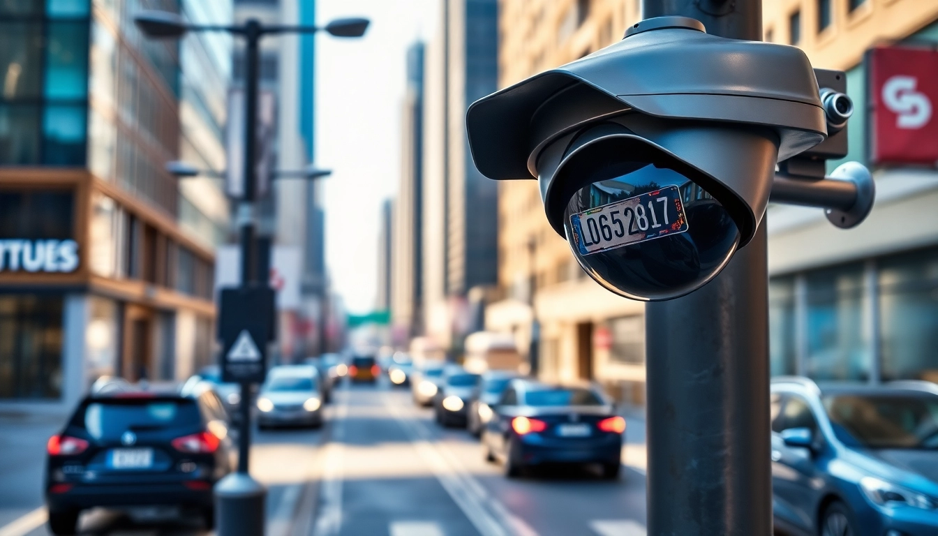 Automatic license plate recognition camera capturing vehicle details in an urban environment.