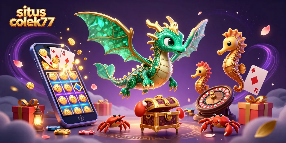 Experience thrilling moments with situs colek77, featuring a majestic sea dragon, slot games, and rich casino elements.