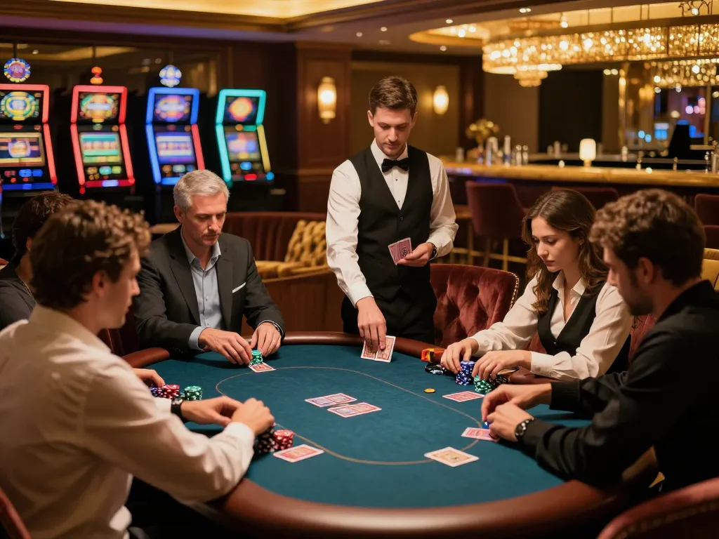 giường bệnh nhân featured in an upscale casino poker game, highlighting players deep in strategy and excitement