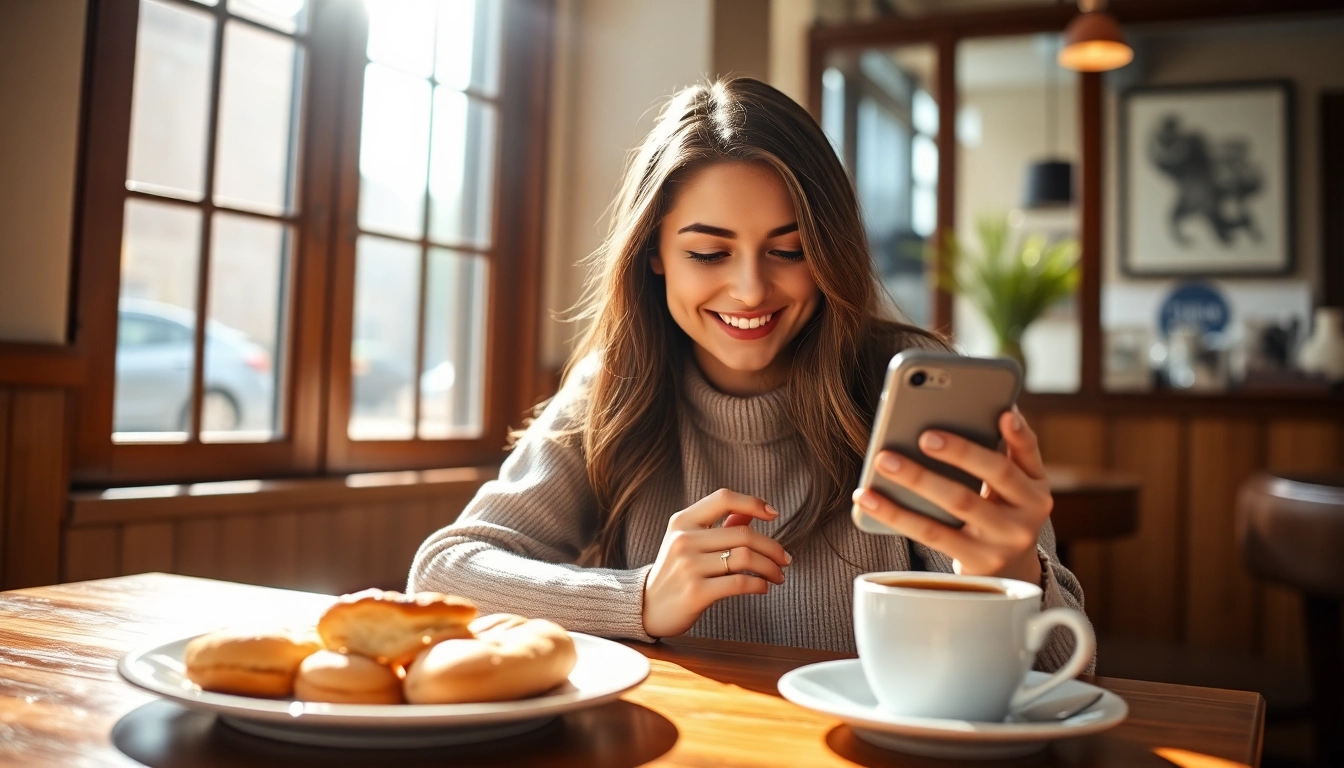 instagram フォロワー 購入を行う女性がカフェでスマートフォンを使っている様子