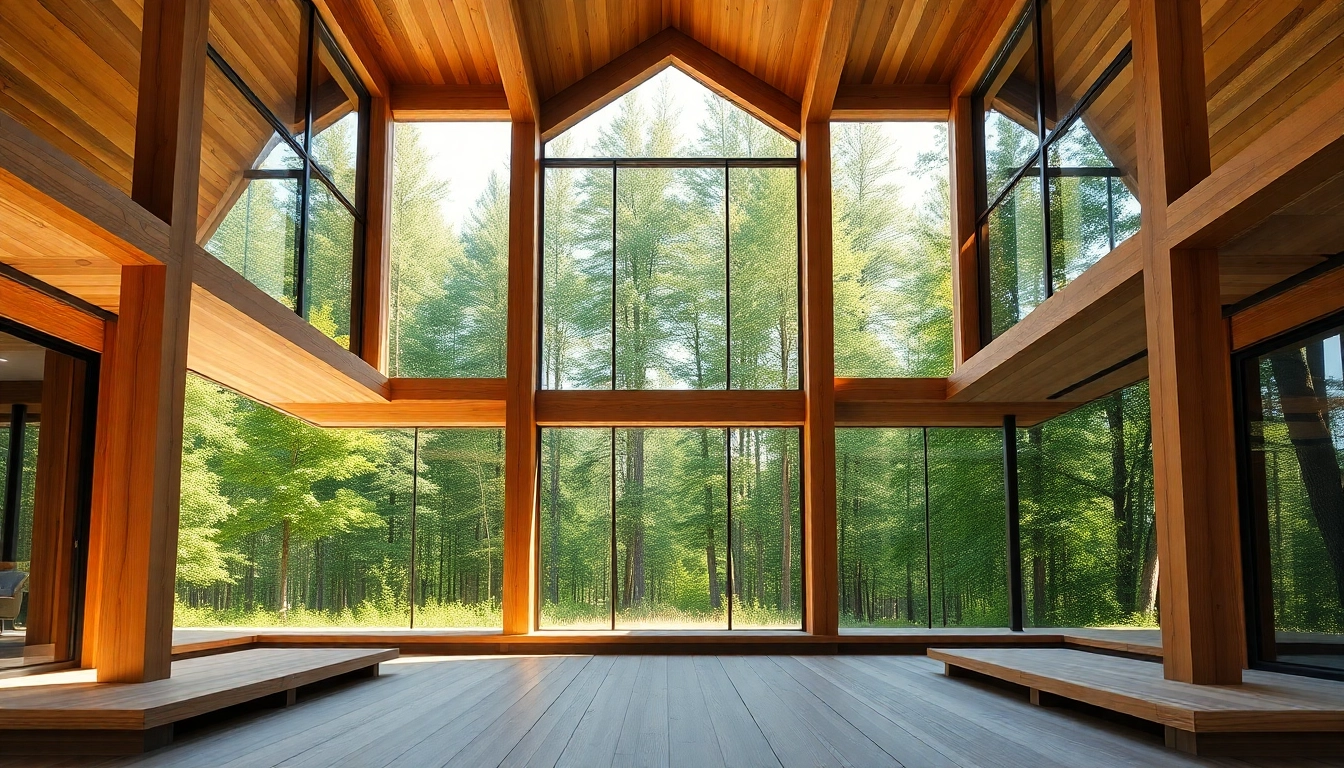 Structural Timber Frame building harmonizing with nature in a serene forest view.