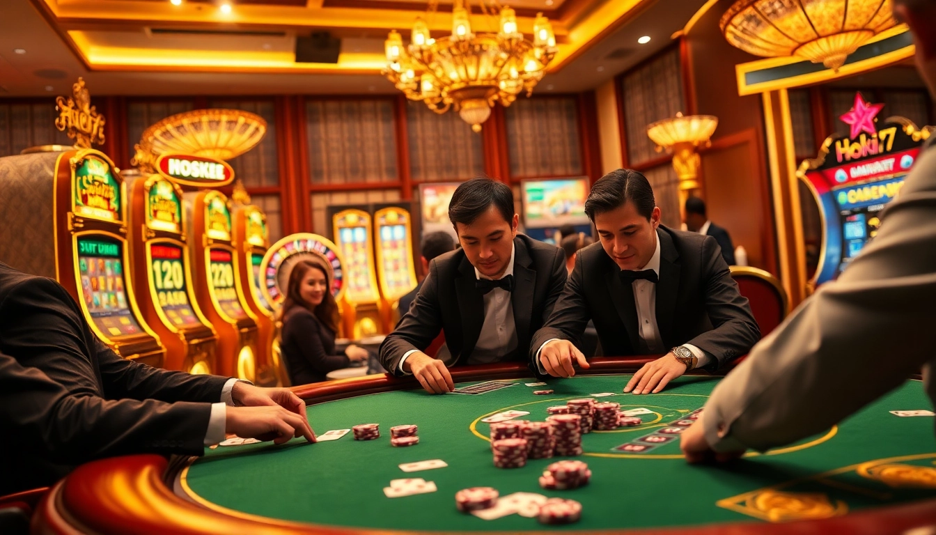 Experience the excitement of Hoki77 with players winning at a luxurious casino table.