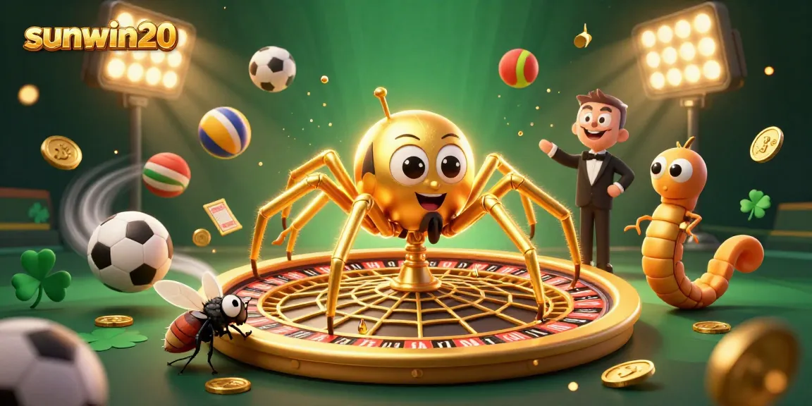 Experience the excitement of sunwin20 as a golden spider spins a roulette wheel web surrounded by dynamic sports elements.