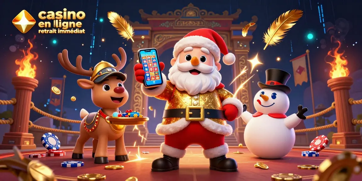 Découvrez l'univers du casino en ligne retrait immédiat avec un Santa amusant et un paysage vibrant.