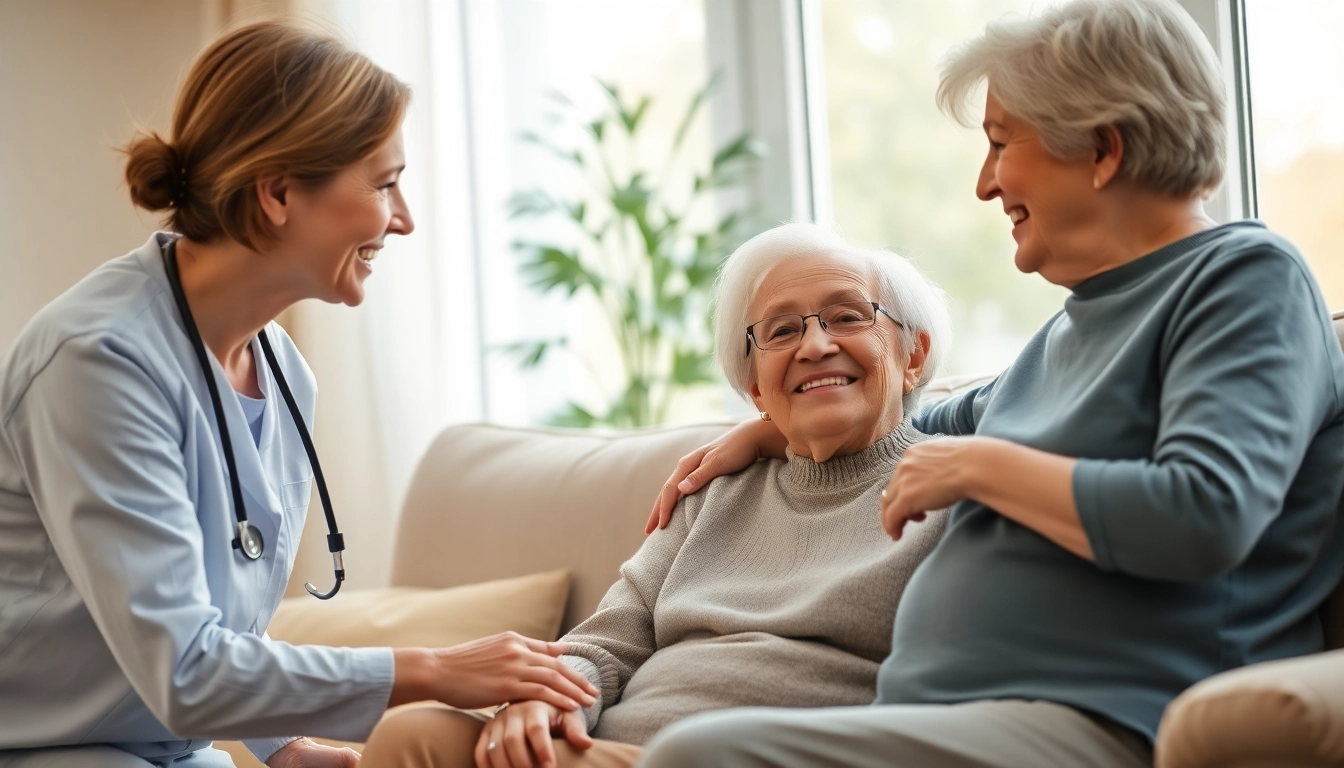 Caregiver providing warm support in home senior care for elderly client.