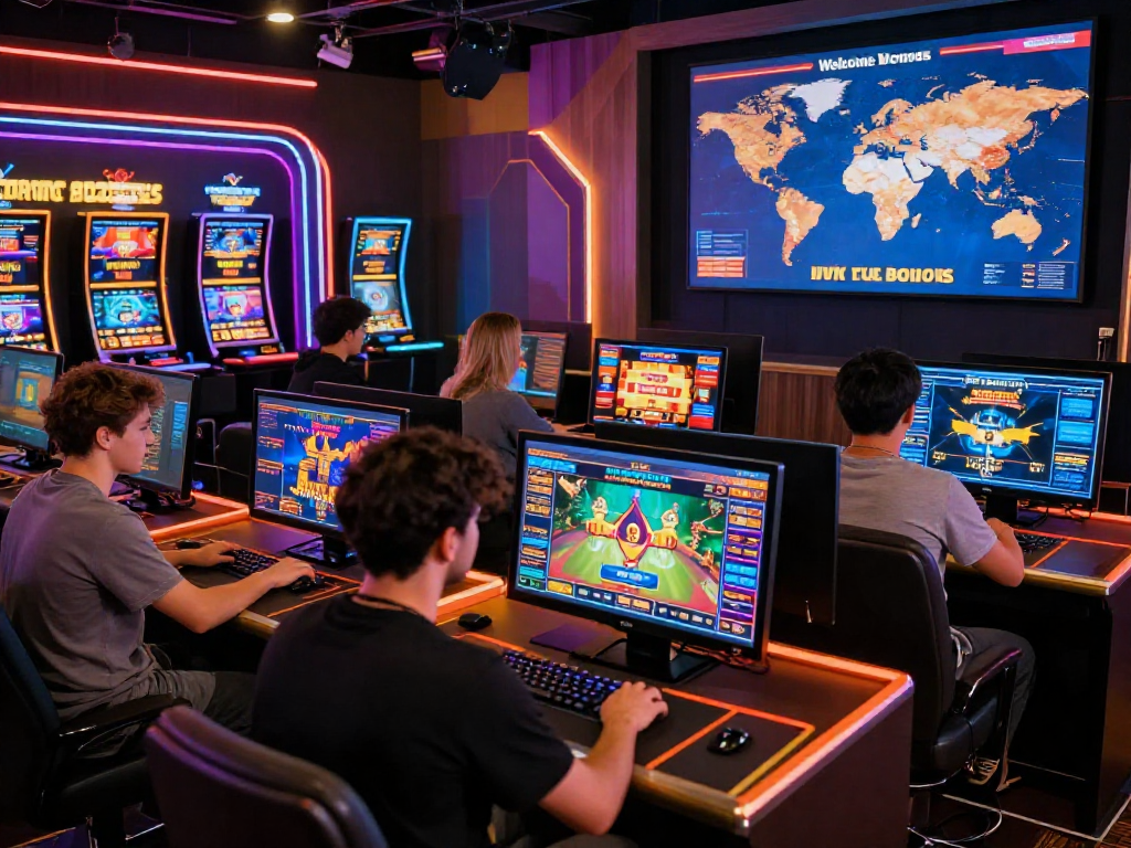 Engaged players exploring new EU casinos on desktop and mobile devices in vibrant online gaming atmosphere.