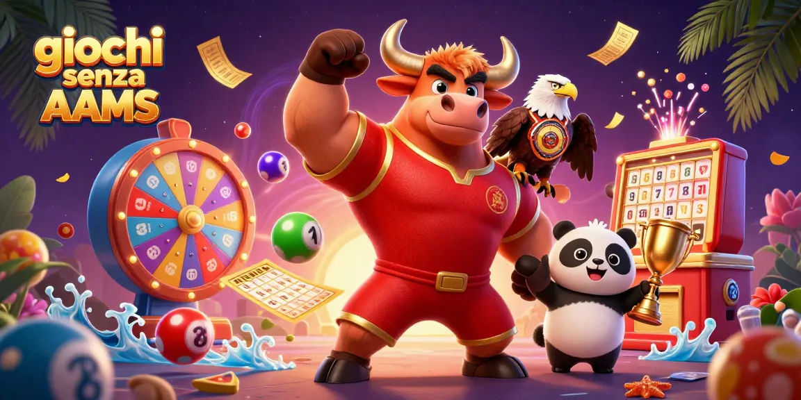 Gioca ai giochi senza AAMS con il simbolo del bullone muscoloso e premi dorati in un'illustrazione vivace.