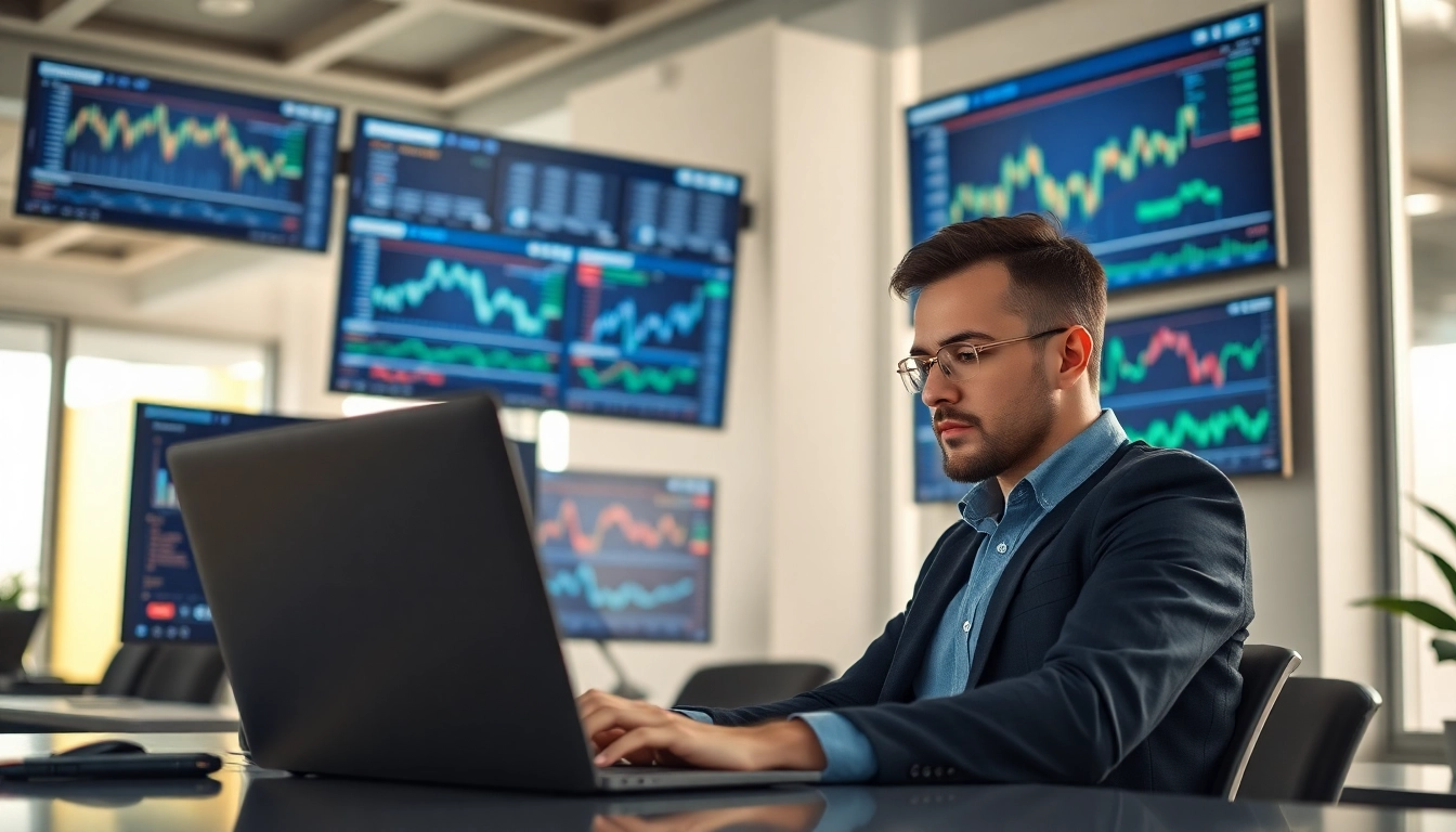 Analyze crypto trends in a modern office environment with focused trader and dynamic charts.