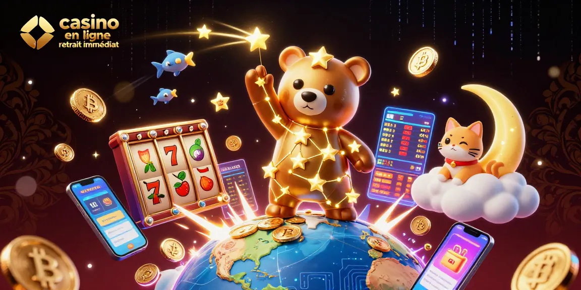 Faites des gains rapides avec le casino en ligne retrait immédiat, illustré par un ours constellation et des symboles de machine à sous.