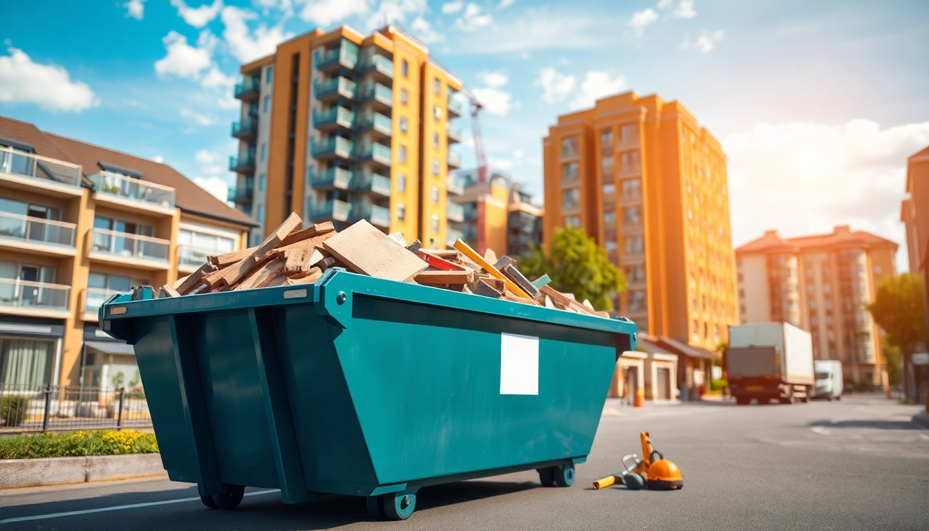 Efficient skip hire service showcasing a modern skip filled with debris in an urban setting.