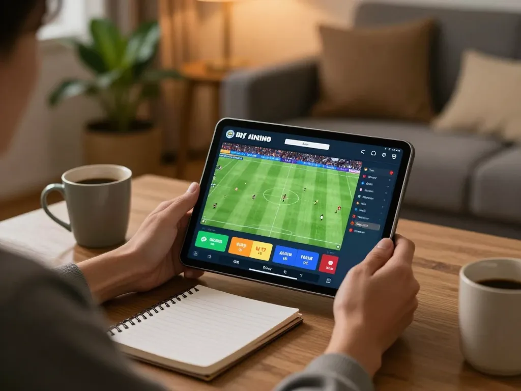 Engaging in online betting at https://xoilac.now/ with live soccer game displayed on tablet in cozy home setting