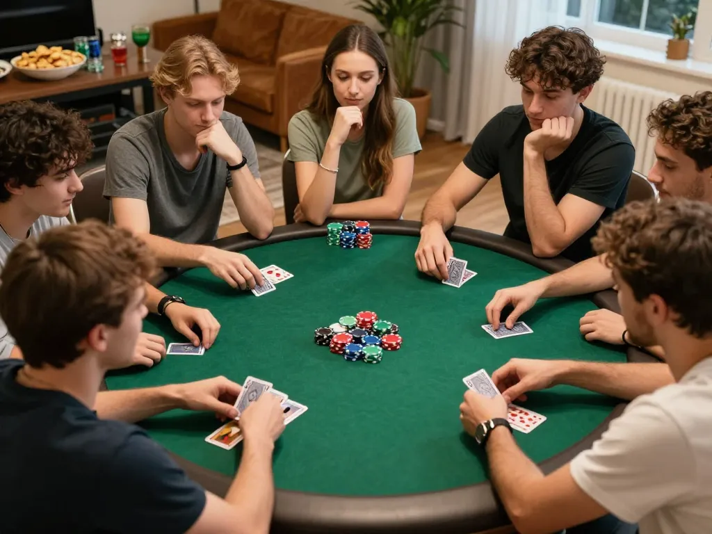 Friends engaging in a lively poker game at home, showcasing strategy and camaraderie, TG88