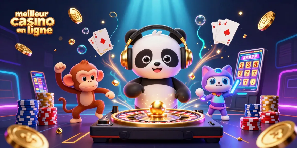 Visualisez un panda DJ et un singe dansant au meilleur casino en ligne, entourés de pièces et gemmes en cascade.