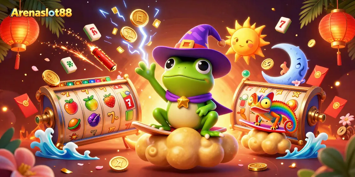 Arenaslot88 menghadirkan suasana kasino dengan wizard frog dan chameleon di tengah koin emas!