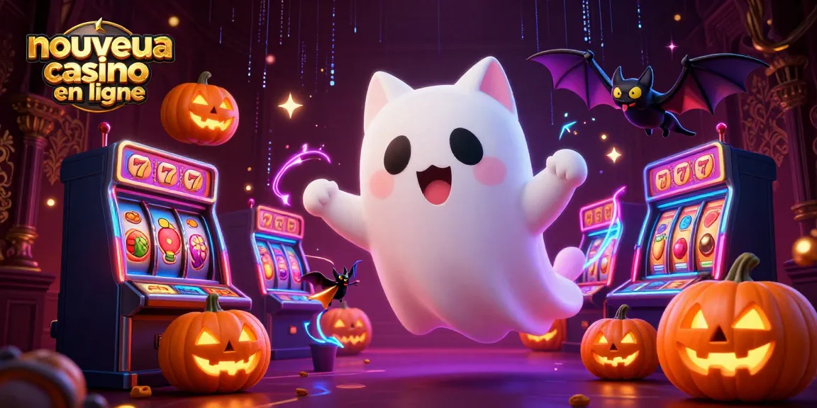 Gagnez des jackpots dans un nouveau casino en ligne avec un chat fantôme et des symboles de jeu.