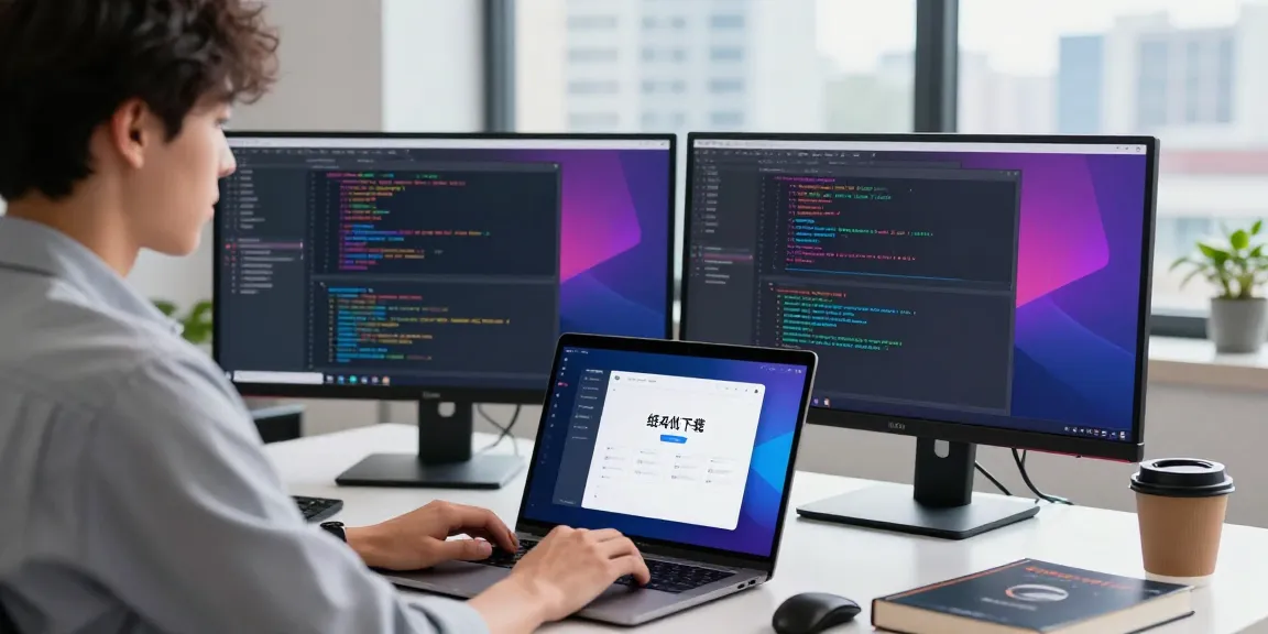 Developer using 纸飞机下载 app on dual monitors in a modern office setup.