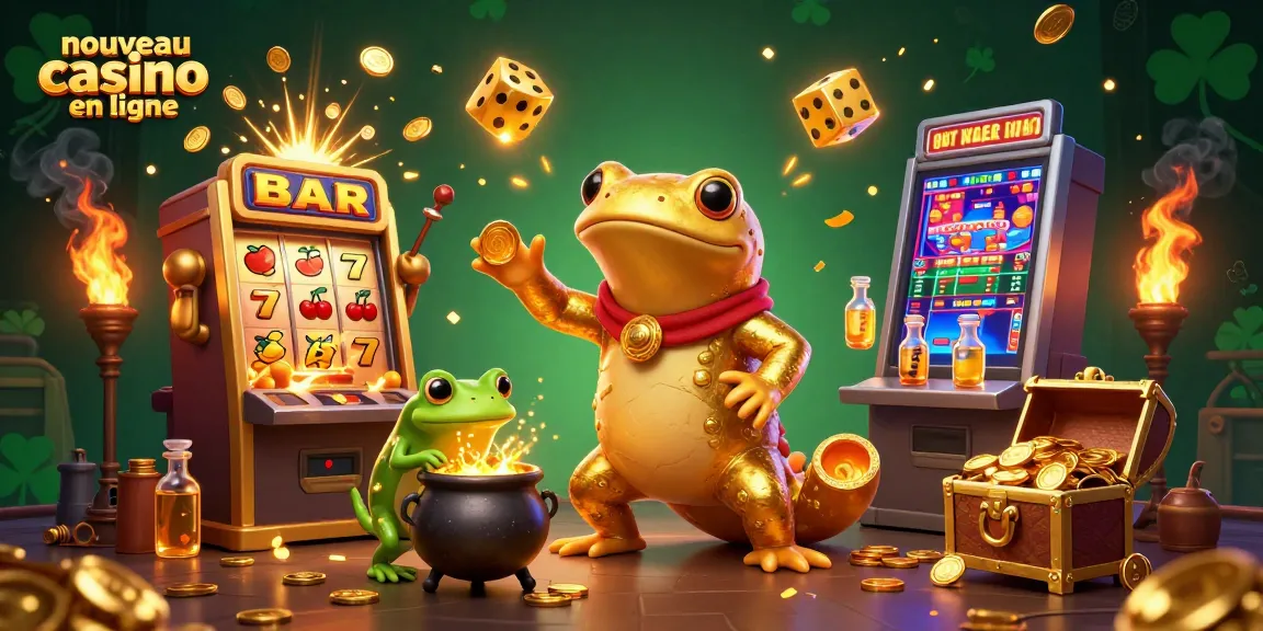 Illustration colorée représentant un nouveau casino en ligne avec un alchimiste et des assistantes, entourés de machines à sous et de pièces d'or.
