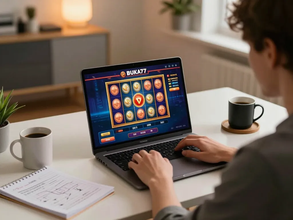 Engaging user playing BUKA77 slots online, showcasing vibrant interface and cozy home setup.