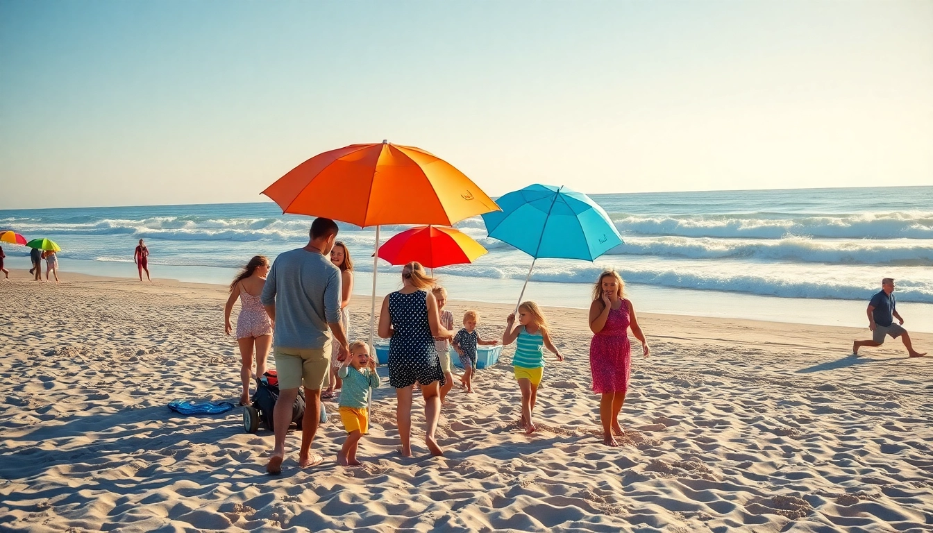 Families enjoying the beach at https://myrtlebeachsc.com/ with vibrant umbrellas and sunlight.