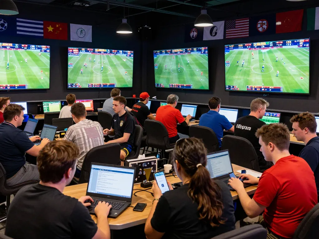 Cakhia tv fans engaging in real-time sports betting at a vibrant hub, analyzing matches and strategies.