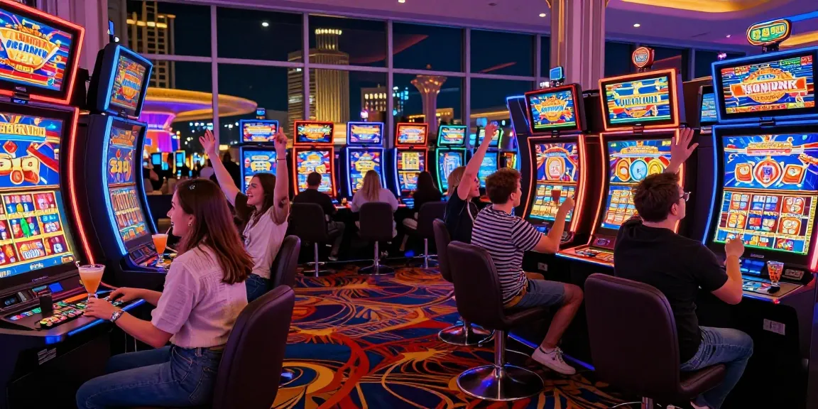 Excited players celebrating with slot machines in vibrant casino scene.