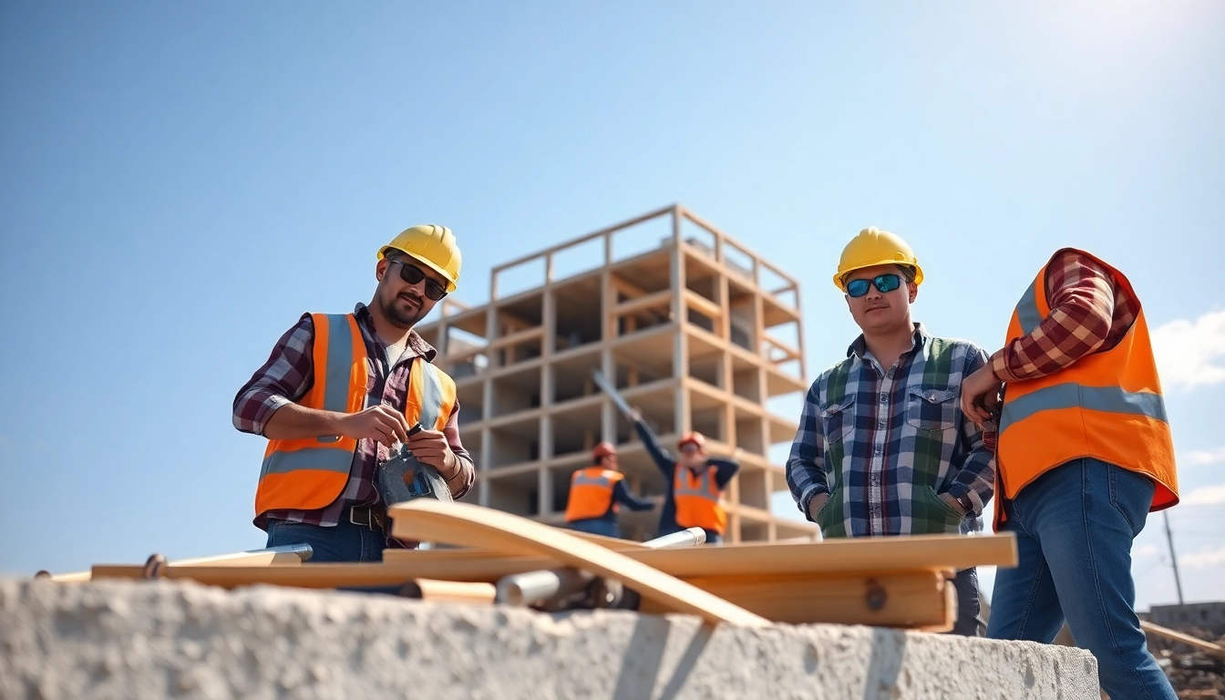 Engaged construction apprenticeship team collaborating on a building site with tools and equipment.